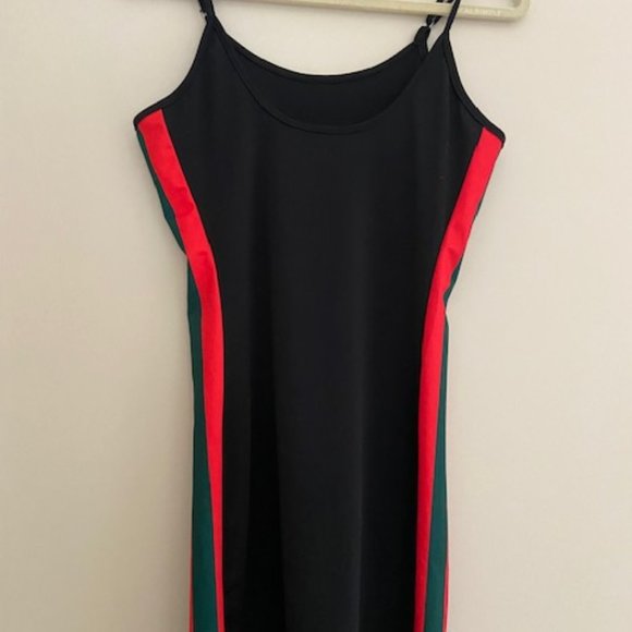 Red and Green Stripe Black Bodycon Dress - Picture 1 of 5